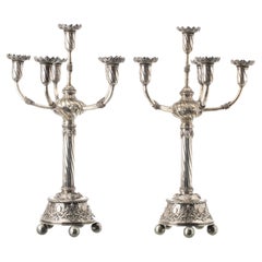 PAIR OF PORTUGUESE FIVE-LIGHT SILVER CANDLESTICKS 19th Century