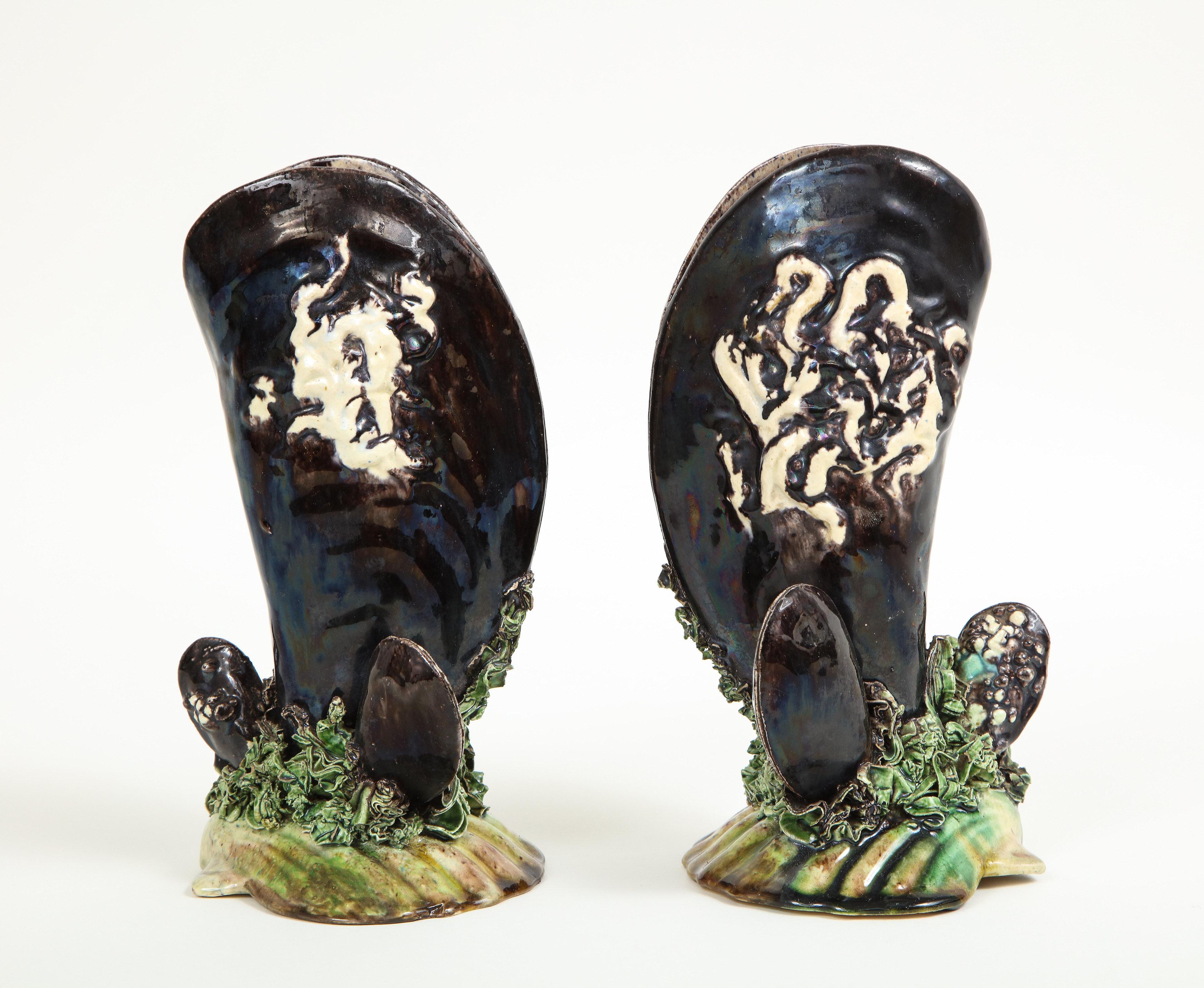 20th Century Pair of Portuguese Majolica Mussels Spill Vases For Sale