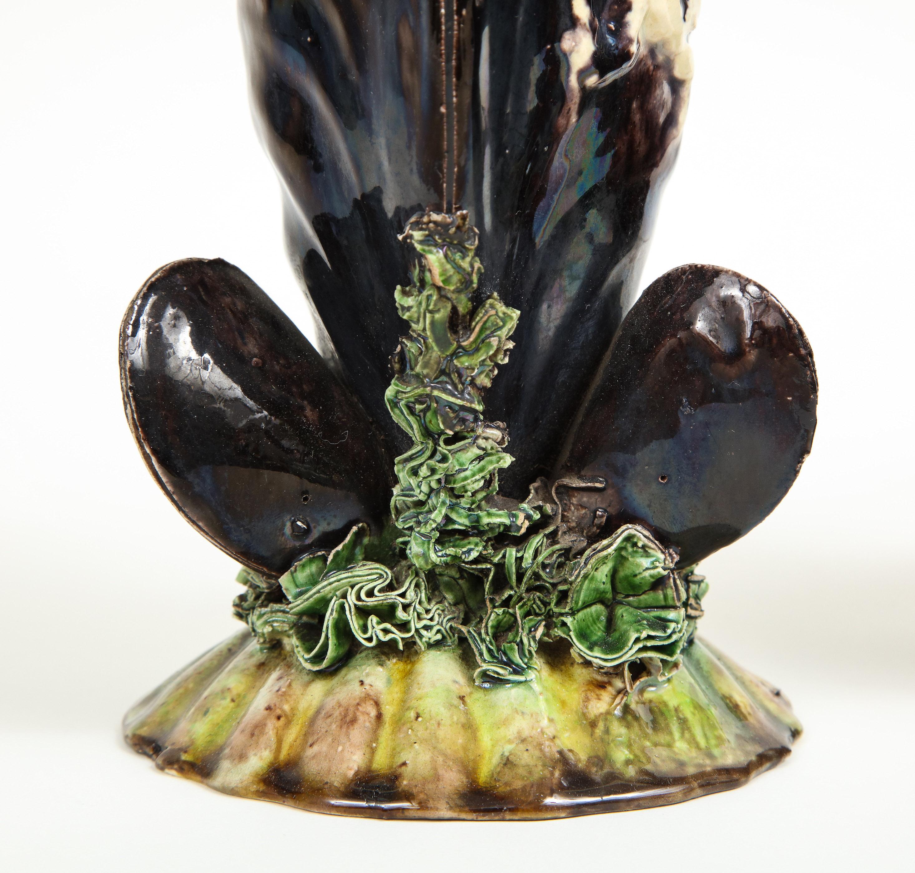 Pair of Portuguese Majolica Mussels Spill Vases For Sale 1