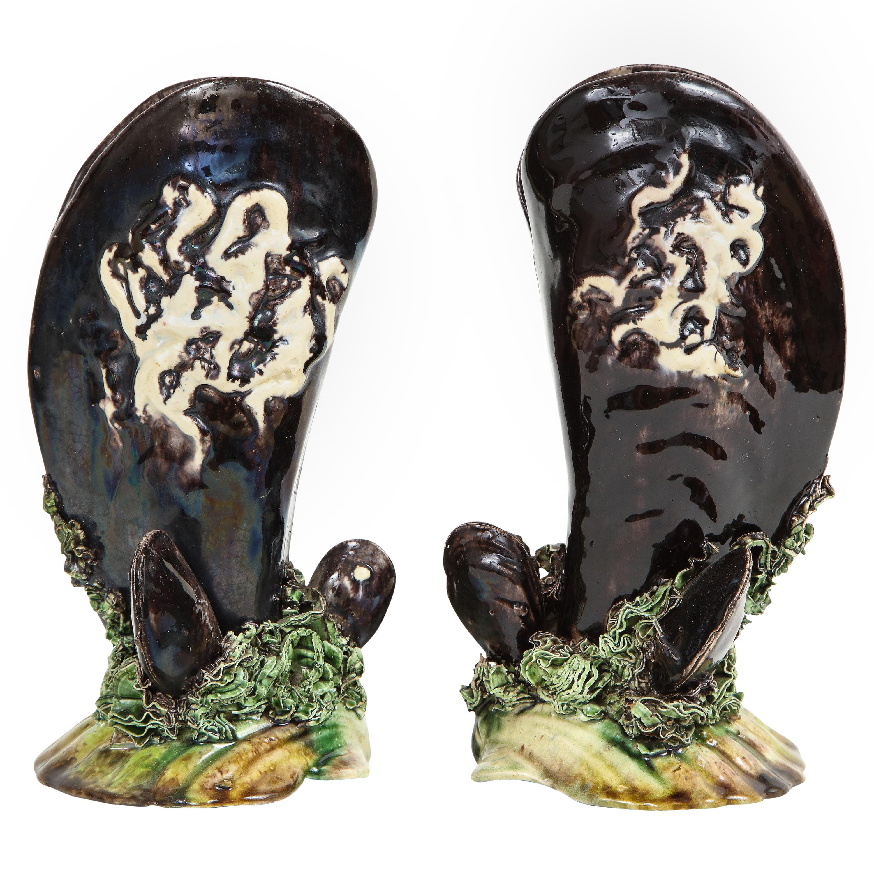 Pair of Portuguese Majolica Mussels Spill Vases For Sale