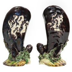 Vintage Pair of Portuguese Majolica Mussels Spill Vases