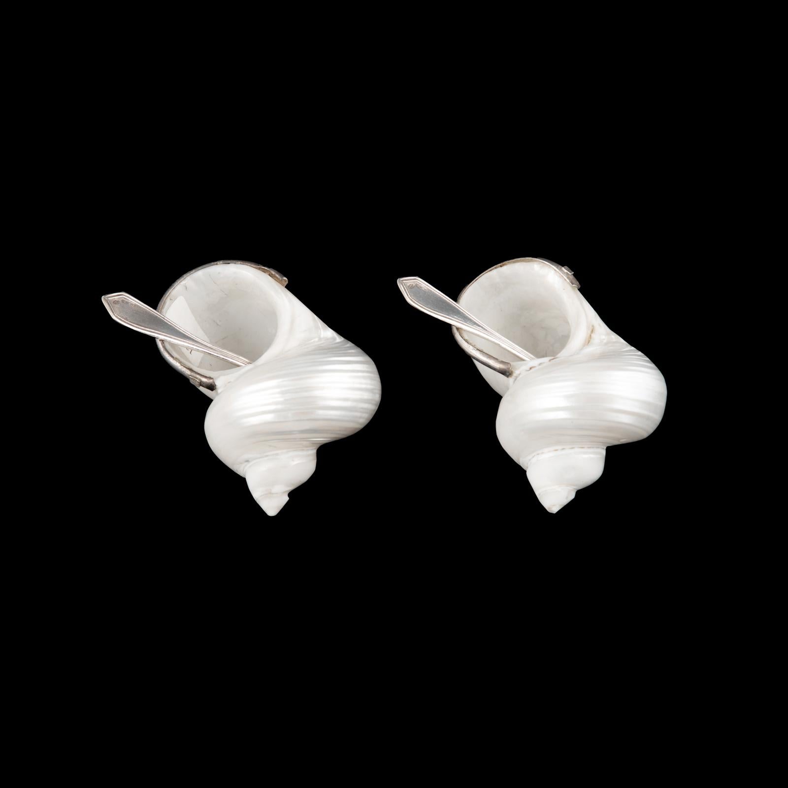 20th Century Pair of Portuguese Nautical Silver-Mounted Shell Salt Cellars with Spoons For Sale