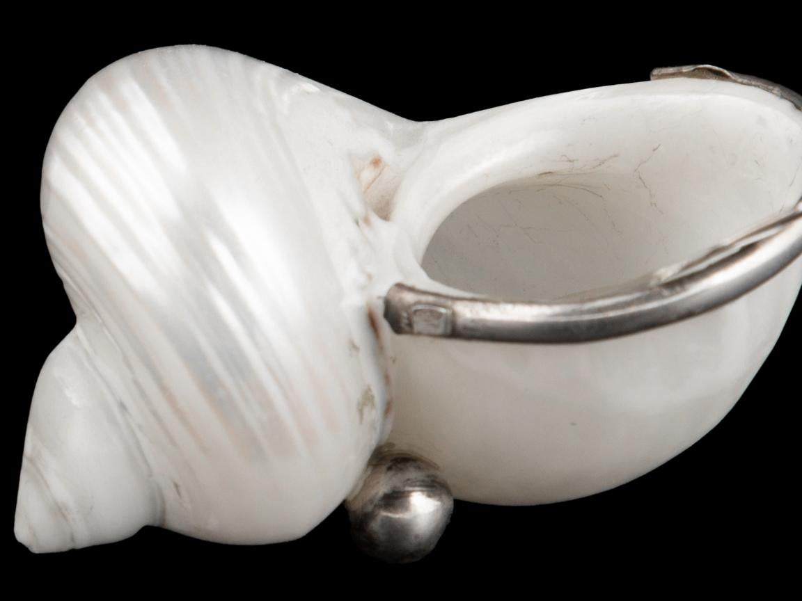 Pareja de saleros portugueses de concha montados en plata náutica con cucharillas Silver en venta