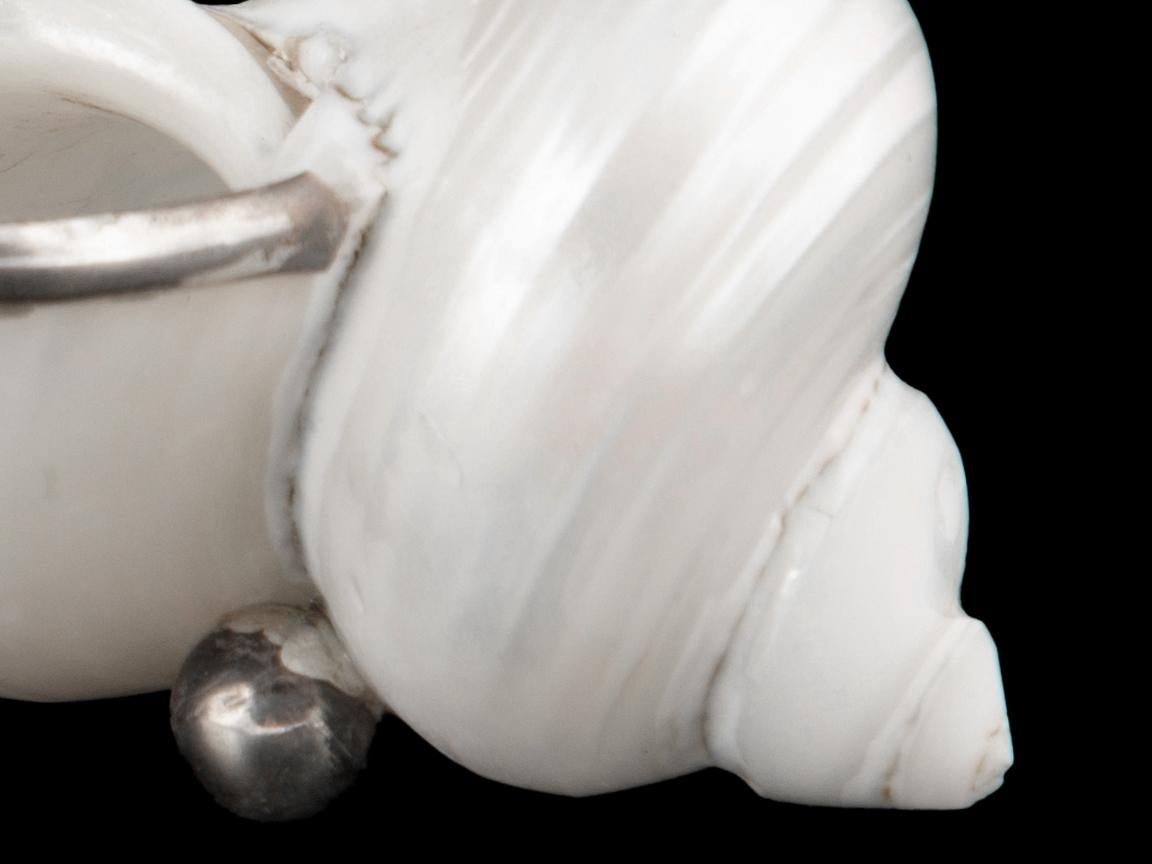 Pareja de saleros portugueses de concha montados en plata náutica con cucharillas en venta 1