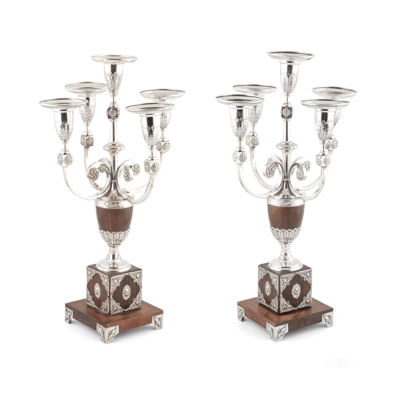 Coppia di candelabri portoghesi a cinque luci in stile neoclassico di Leitão & Irmão
Portogallo, XX secolo

Materiali: Argento e Wood
Stile: Neoclassico
Produttore: Leitão & Irmão
Altezza: Circa 42 cm (16,5