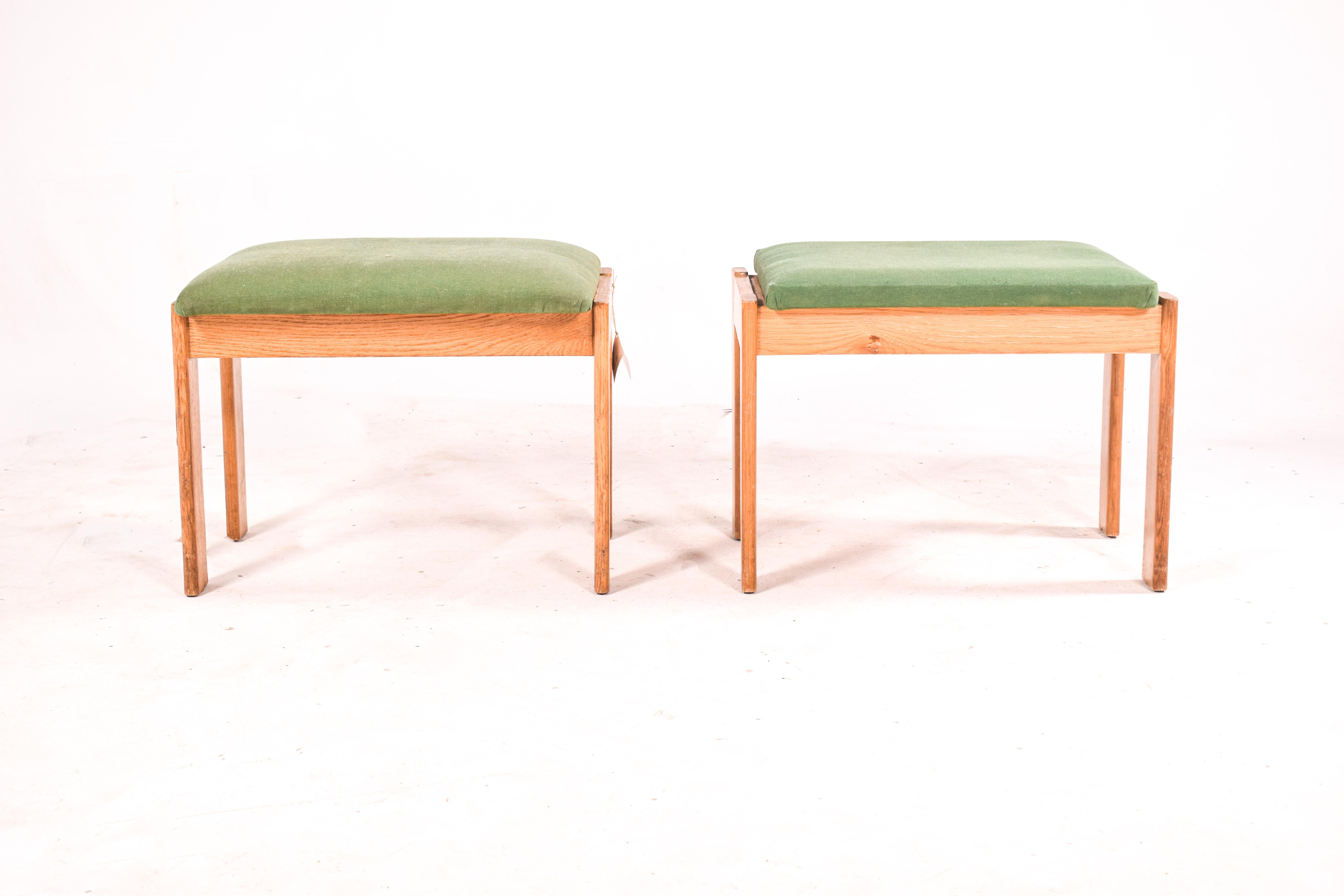 Pair of oak benches/side tables upholstered in green fabric. This pair of benches is a Portuguese design from the 80's. The inner part of the bench that acts as a support table when raised is in white Formica. Perfect table for decoration at home,