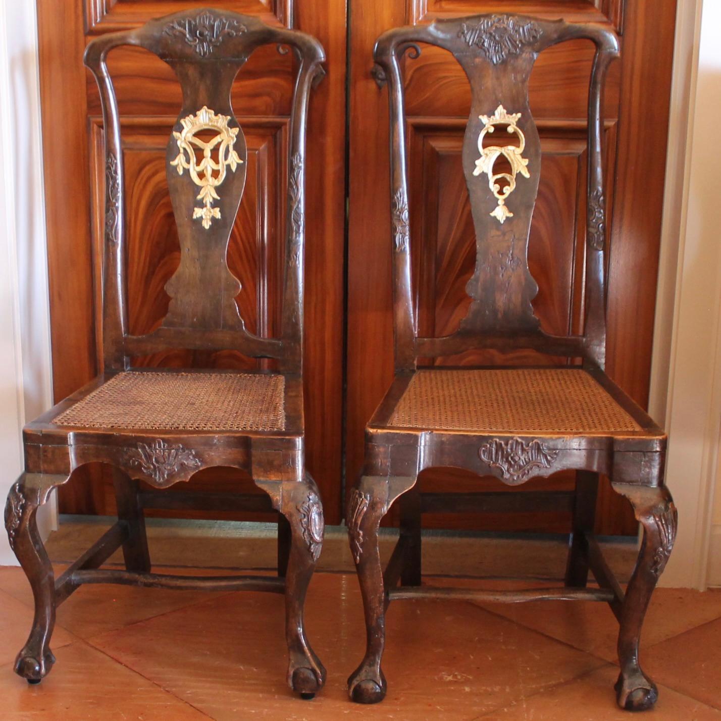 Hand-Carved Pair Of Portuguese Rococo Carved Side Chairs For Sale