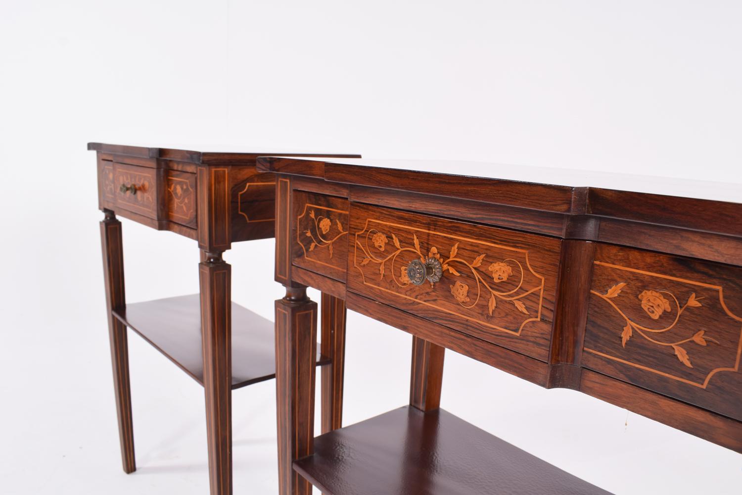 19th Century Pair of Portuguese Rosewood Bedside Tables with Marquetery