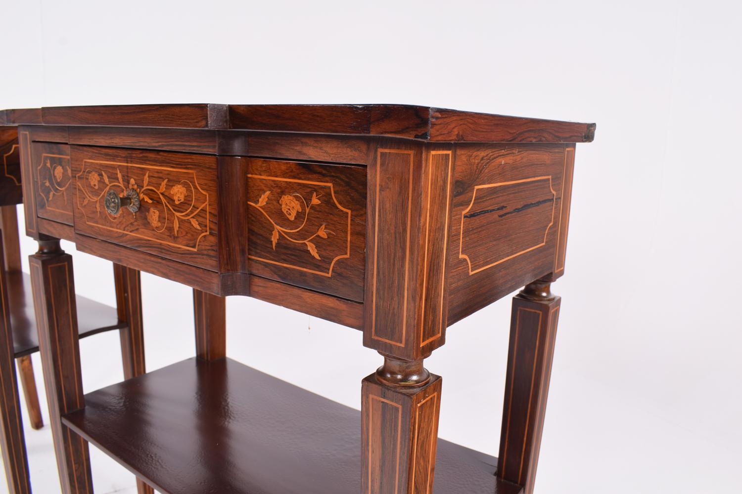 Pair of Portuguese Rosewood Bedside Tables with Marquetery 1