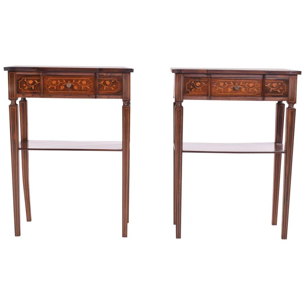 Pair of Portuguese Rosewood Bedside Tables with Marquetery