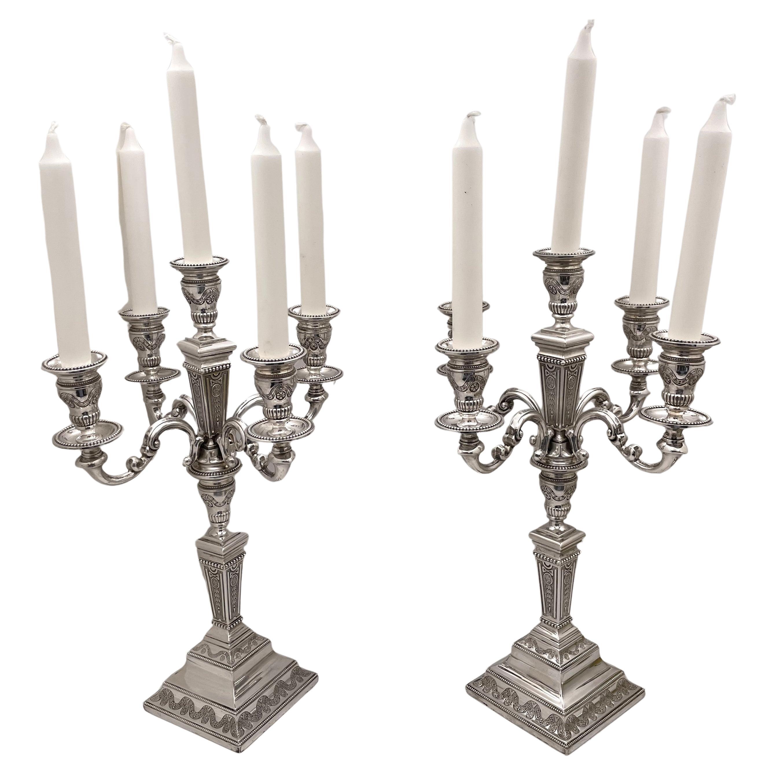 Pair of Portuguese Silver 5-Light Candelabra with Ornate Motifs For Sale