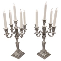Vintage Pair of Portuguese Silver 5-Light Candelabra with Ornate Motifs