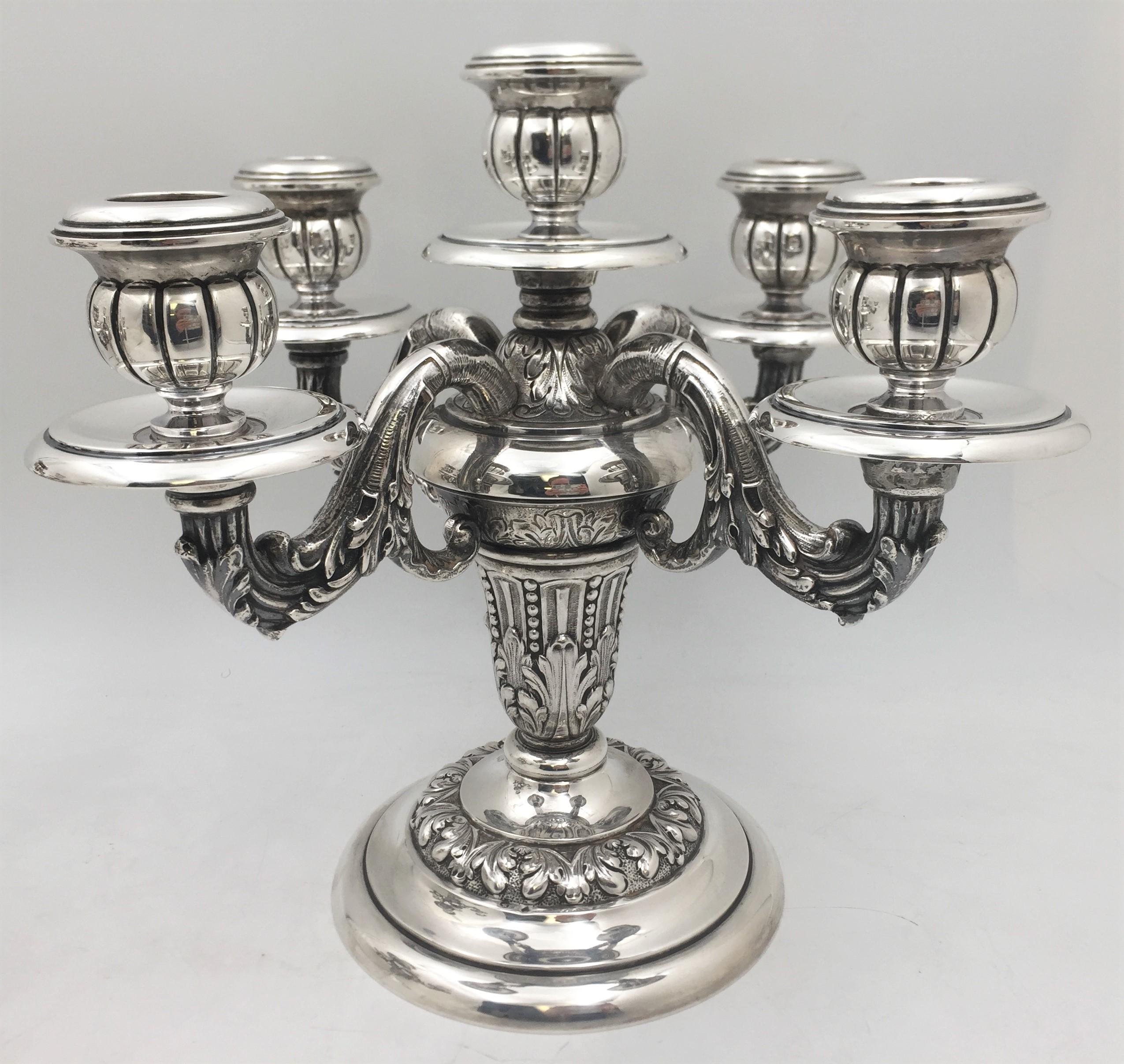 Pair of Portuguese Silver 5-Light Ornate Candelabra In Good Condition For Sale In New York, NY