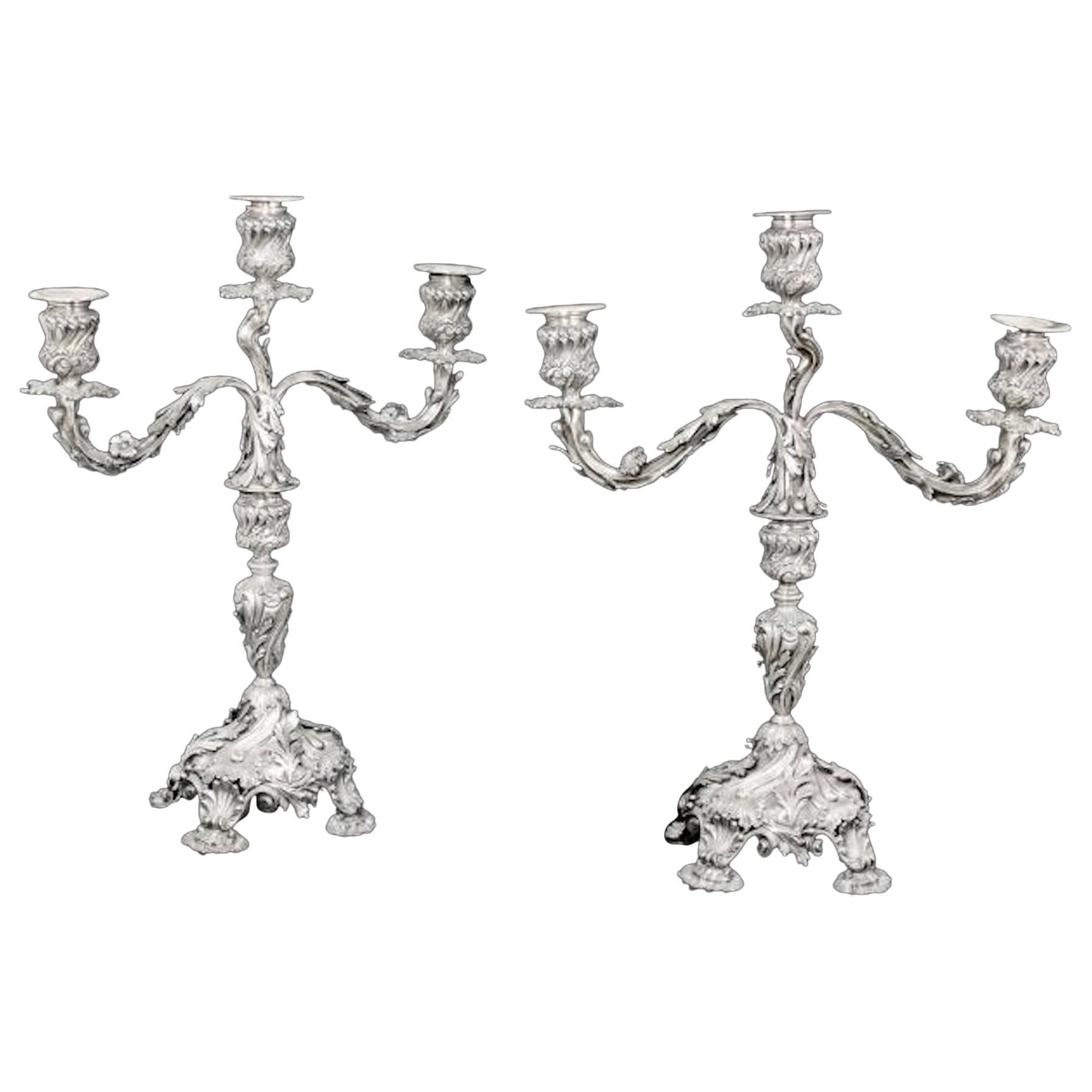 Pair of Portuguese Silver Three-Light Candelabra, Lisbon, Early 20th Century For Sale