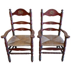 Pair of Portuguese XIX Ladder Back Armchairs with Rush Seat and Flower Motif