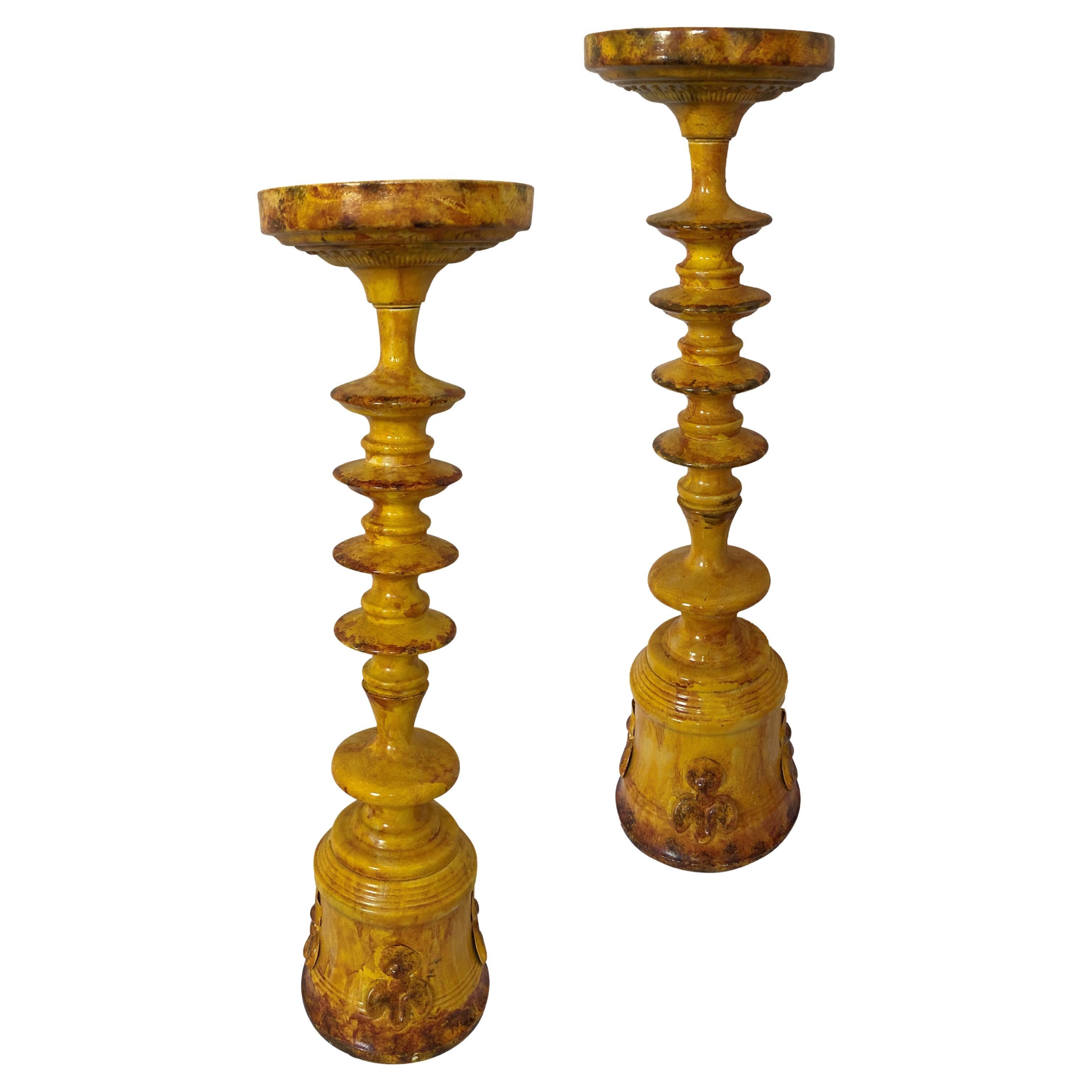 Pair Of Portuguese Yellow Tole Candlesticks For Sale