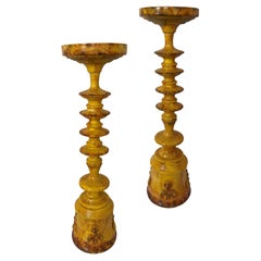 Vintage Pair Of Portuguese Yellow Tole Candlesticks