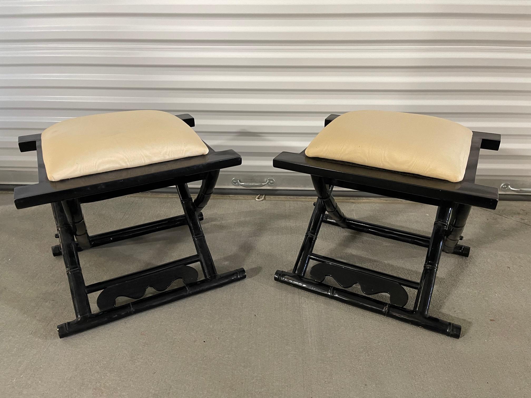Pair of possibly Casa Bella black lacquer designer benches or stools, 20th century. Bamboo style design.
Upholstered seats.
  