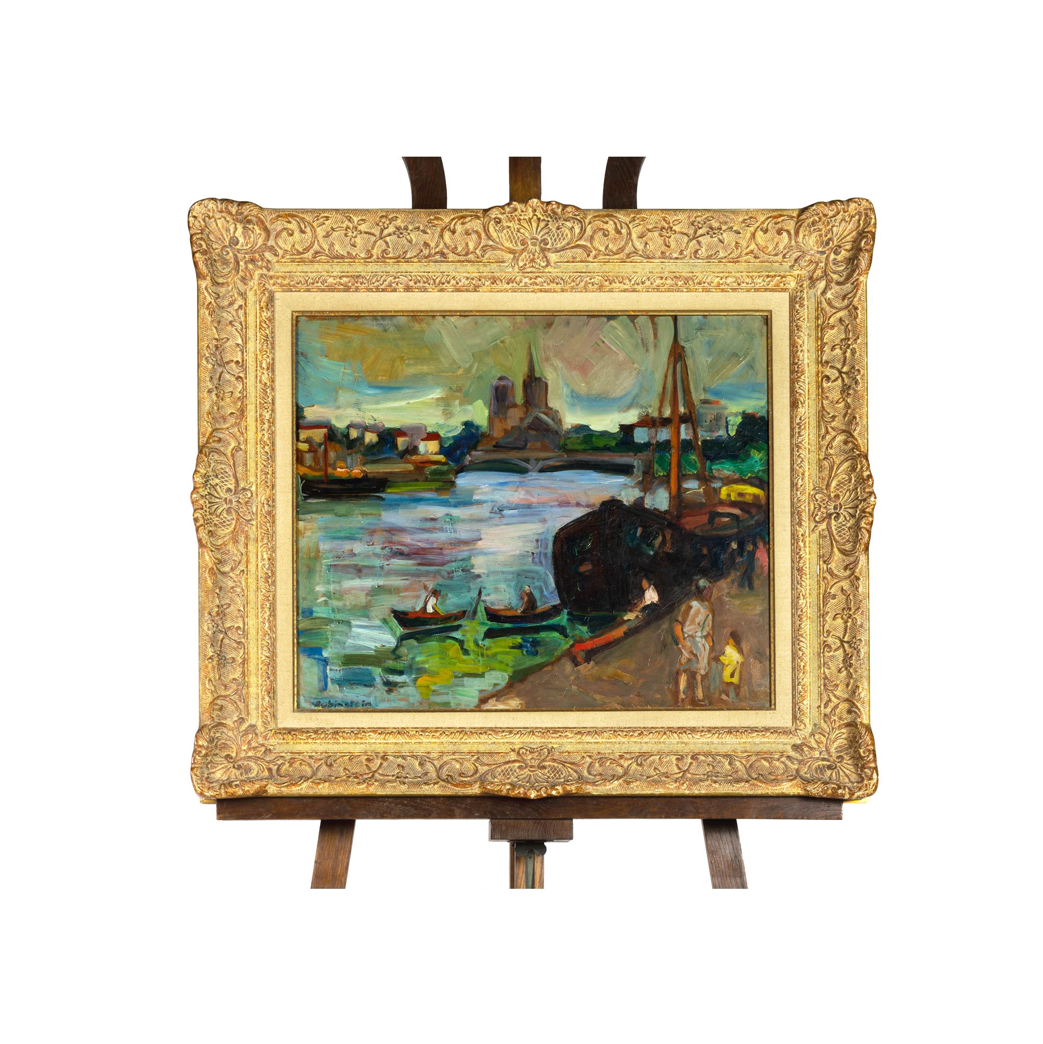 PaIr of Post Impressionism Paintings:

- A french background of Paris river channels, Les Barges titled.A colorful 20th Century Post Impressionist oil painting of Yiddish origin.
“Rubinstein” signed on lower left. Description on the back of the