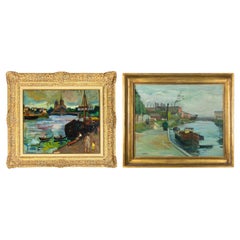Coppia di dipinti di barche del post impressionismo, (XX secolo)