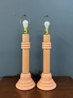 Pair of Post Modern 1980s Peach Ceramic Table Lamps with Brass Trim