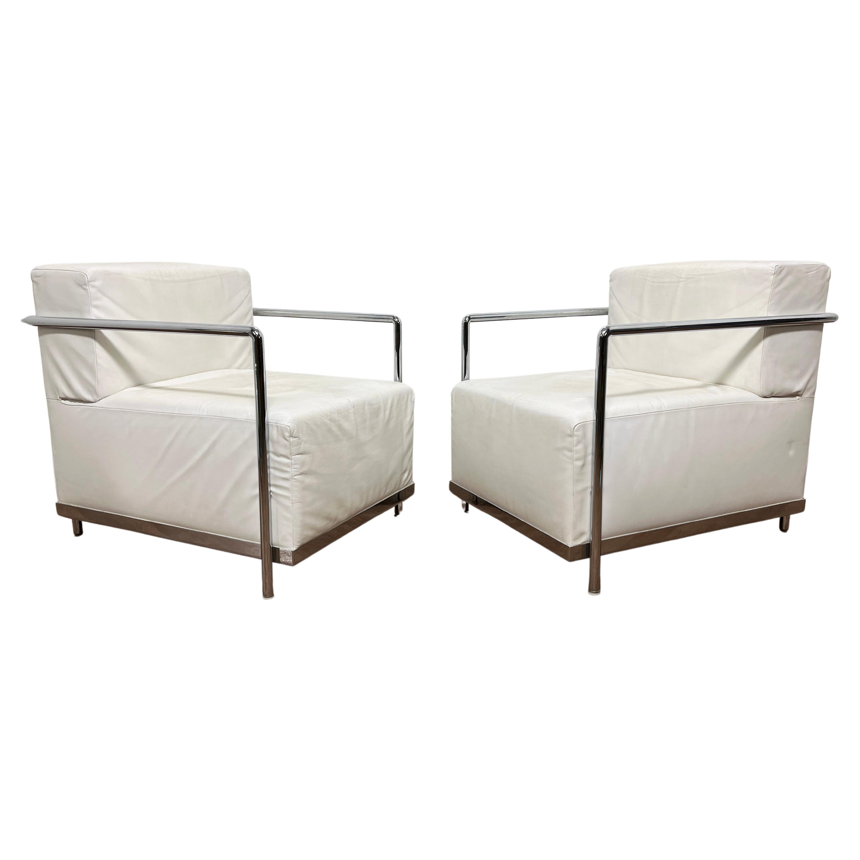 Pair of Post Modern Bauhaus Style Leather and Chrome Lounge Chairs by Bernhardt For Sale