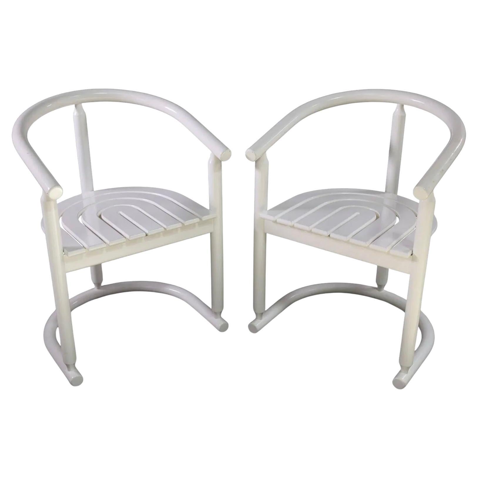 Pair of Post Modern Bentwood Allmilmö Wood Arm Dining Chairs in white Lacquer