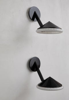 Pair of Post-Modern Black Enameled Metal Sconces with Murano Glass Diffusers