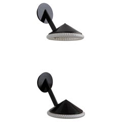 Pair of Post-Modern Black Enameled Metal Sconces with Murano Glass Diffusers