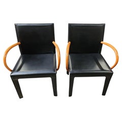 Pair of Post Modern Black Leather and curved wood armchairs by Arper