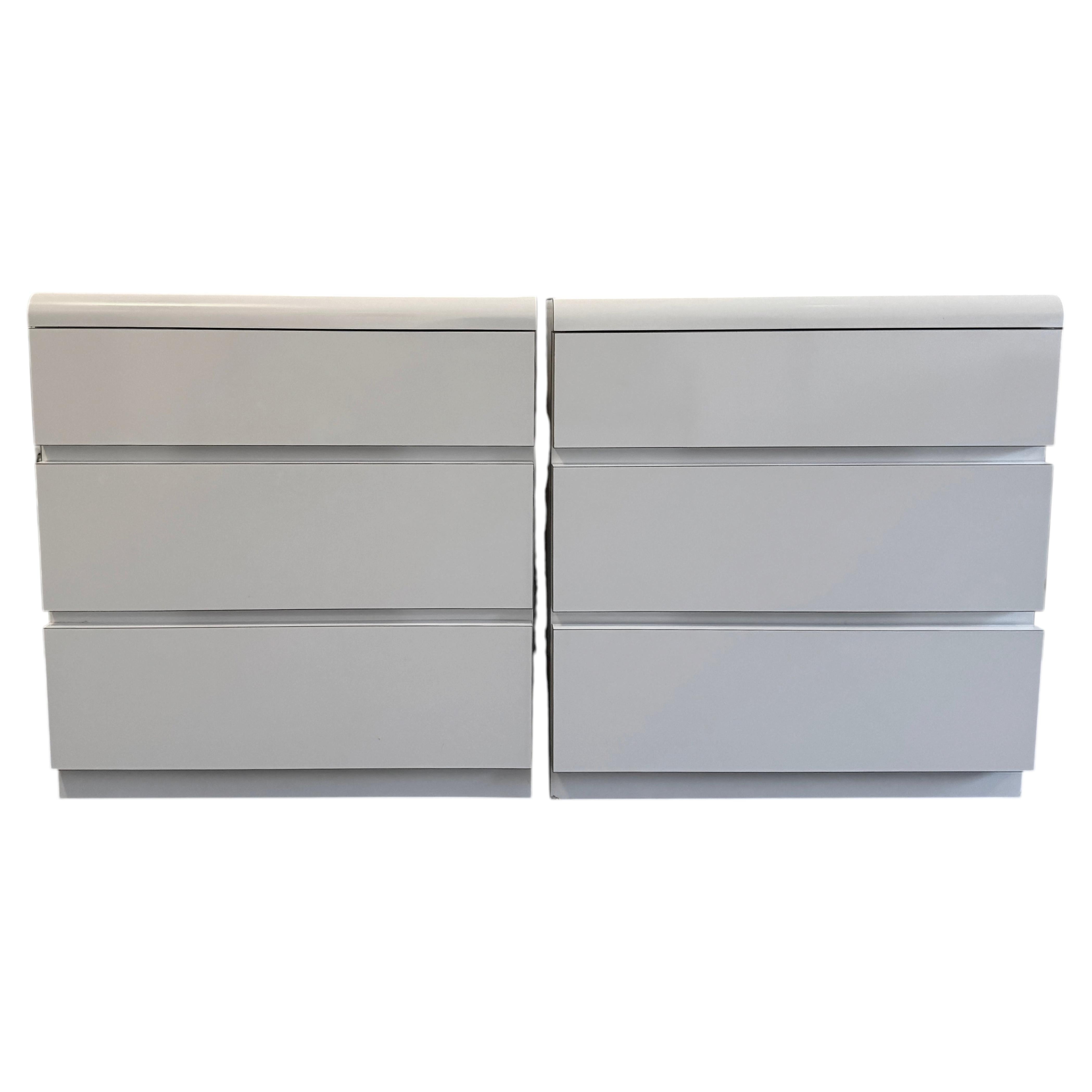 Pair of Post modern bright white Gloss Laminate waterfall 3 Drawer Dressers