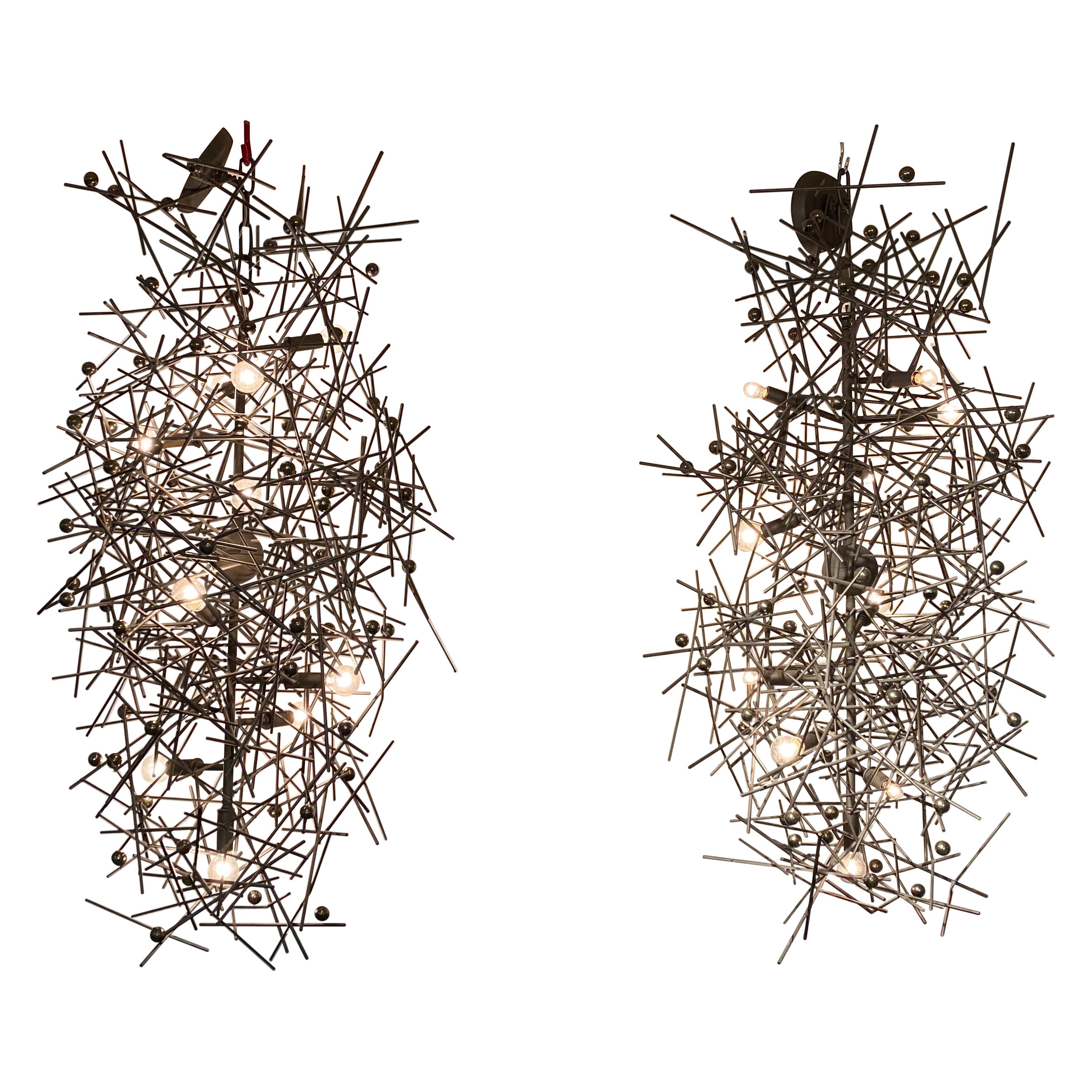 Pair of Post Modern Brutalist Abstract Gun Metal Gray Chandeliers For Sale