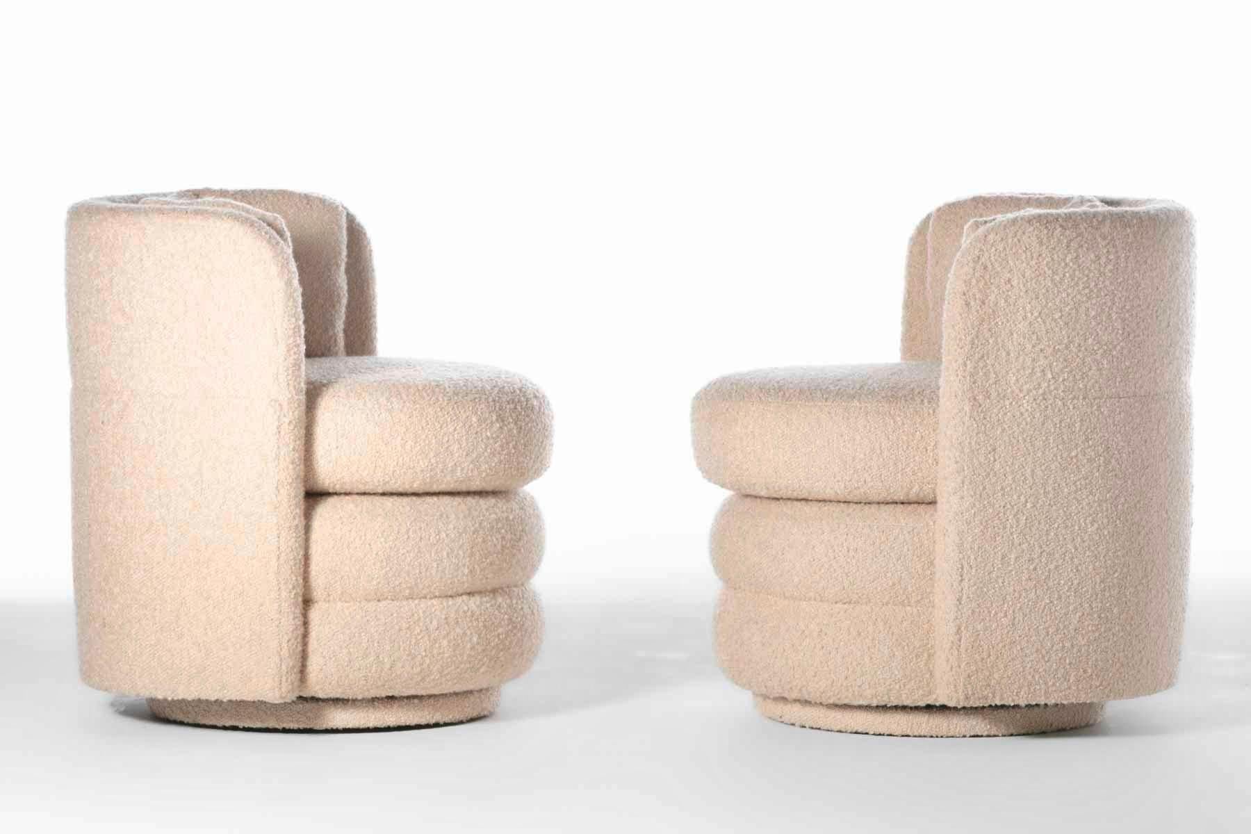Pair of Post Modern Channeled Swivel Chairs in Blush Pink Bouclé For Sale 12