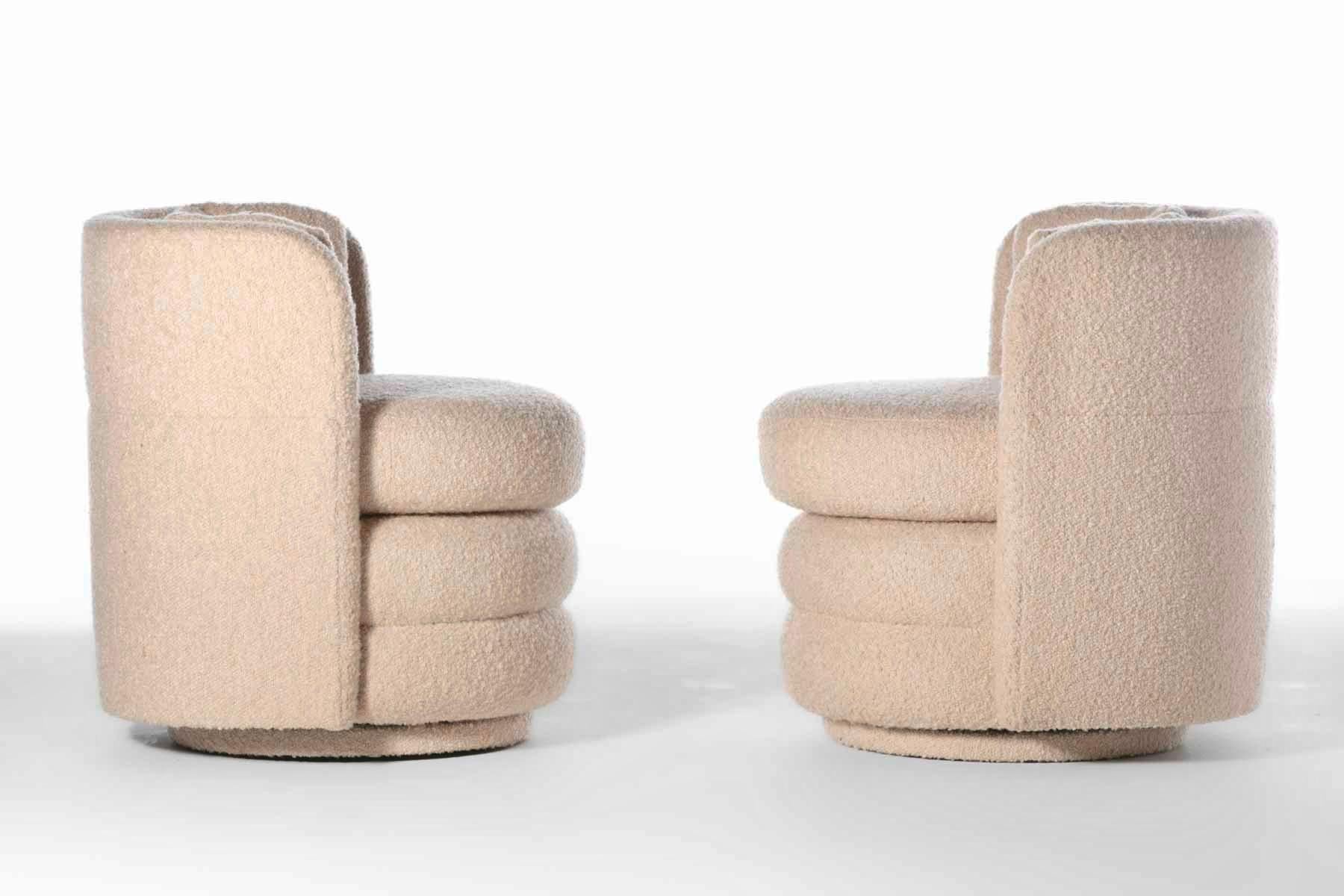 American Pair of Post Modern Channeled Swivel Chairs in Blush Pink Bouclé For Sale