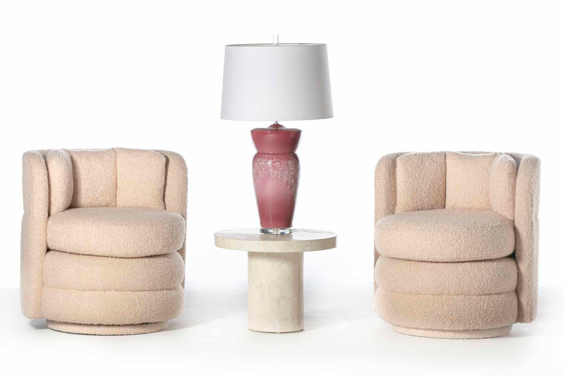 Late 20th Century Pair of Post Modern Channeled Swivel Chairs in Blush Pink Bouclé For Sale