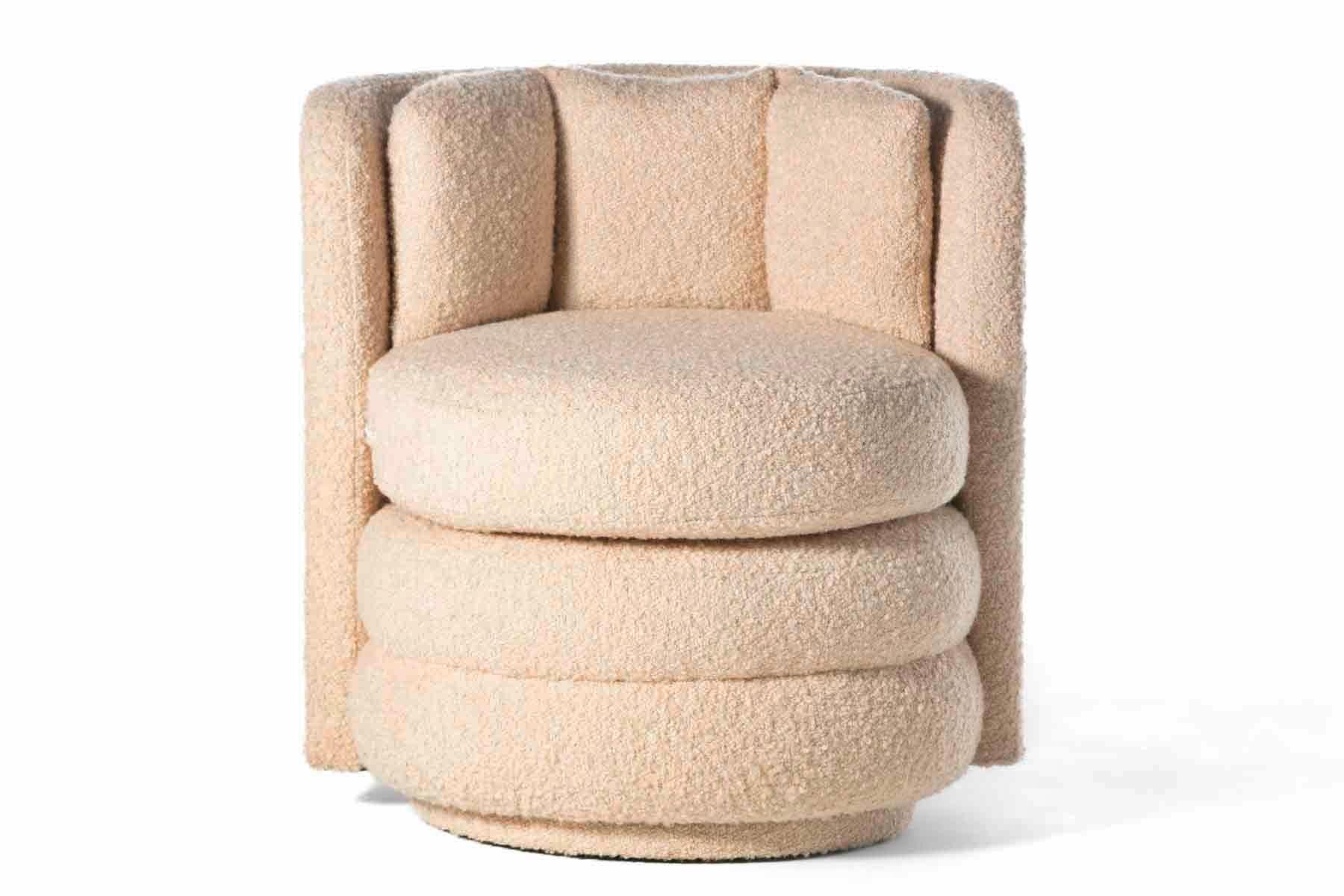Pair of Post Modern Channeled Swivel Chairs in Blush Pink Bouclé For Sale 1