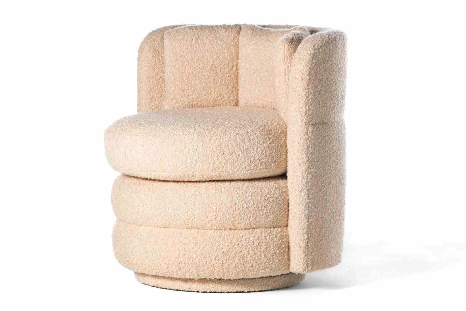 Pair of Post Modern Channeled Swivel Chairs in Blush Pink Bouclé For Sale 2