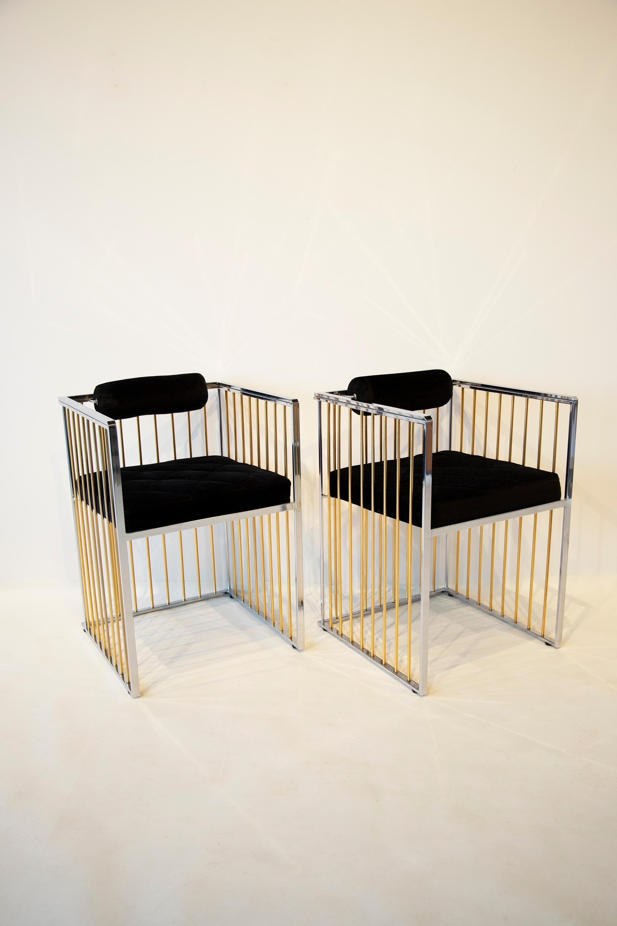 Glamorous pair of chrome frame chairs with brass dowel sides. Seat is velour tufted in a diamond stitch pattern. Neo classic modernist style attributed to Willy Rizzo.