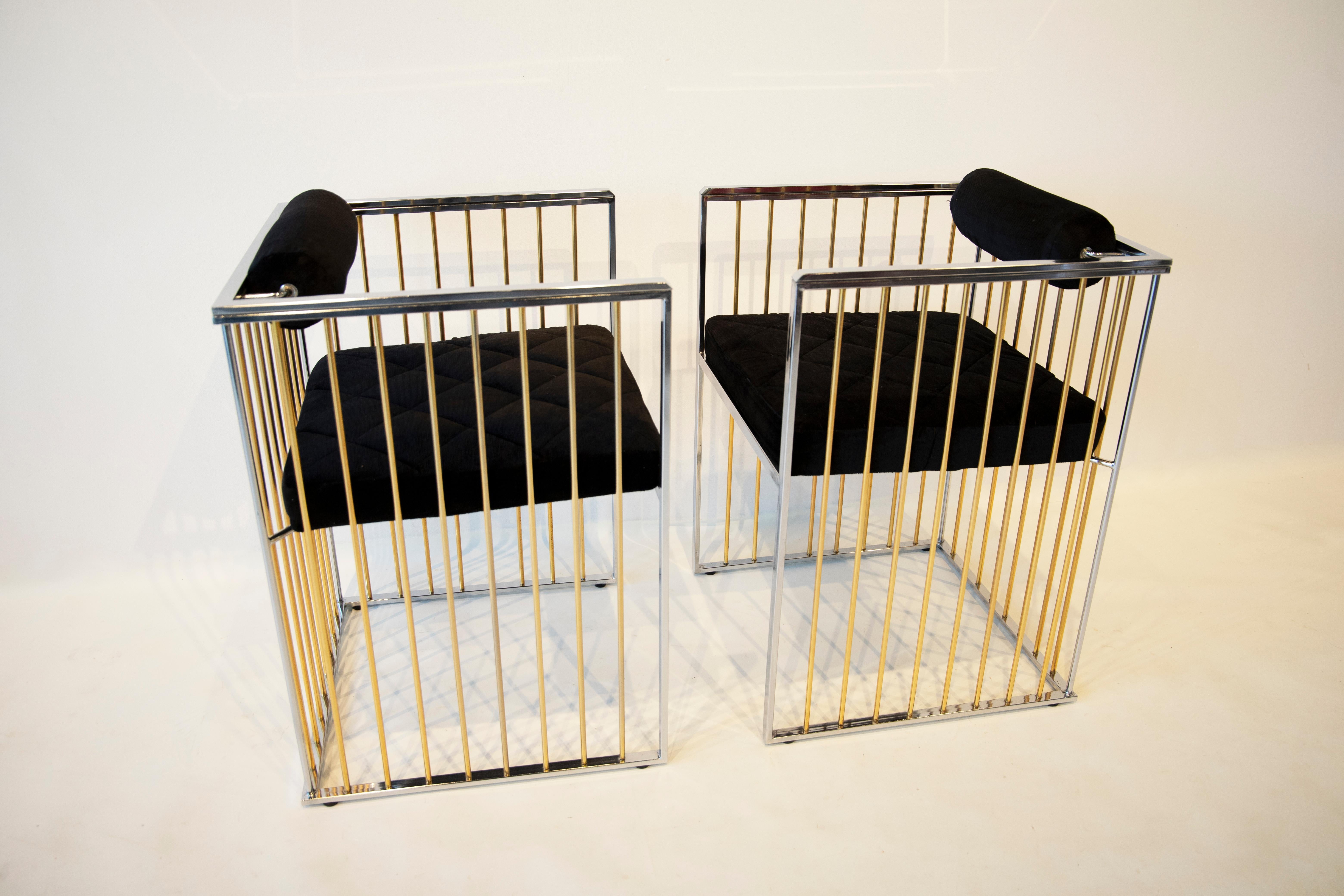 Mid-Century Modern Pair of Post Modern Chrome with Brass Dowel Chairs Attributed to Willy Rizzo For Sale