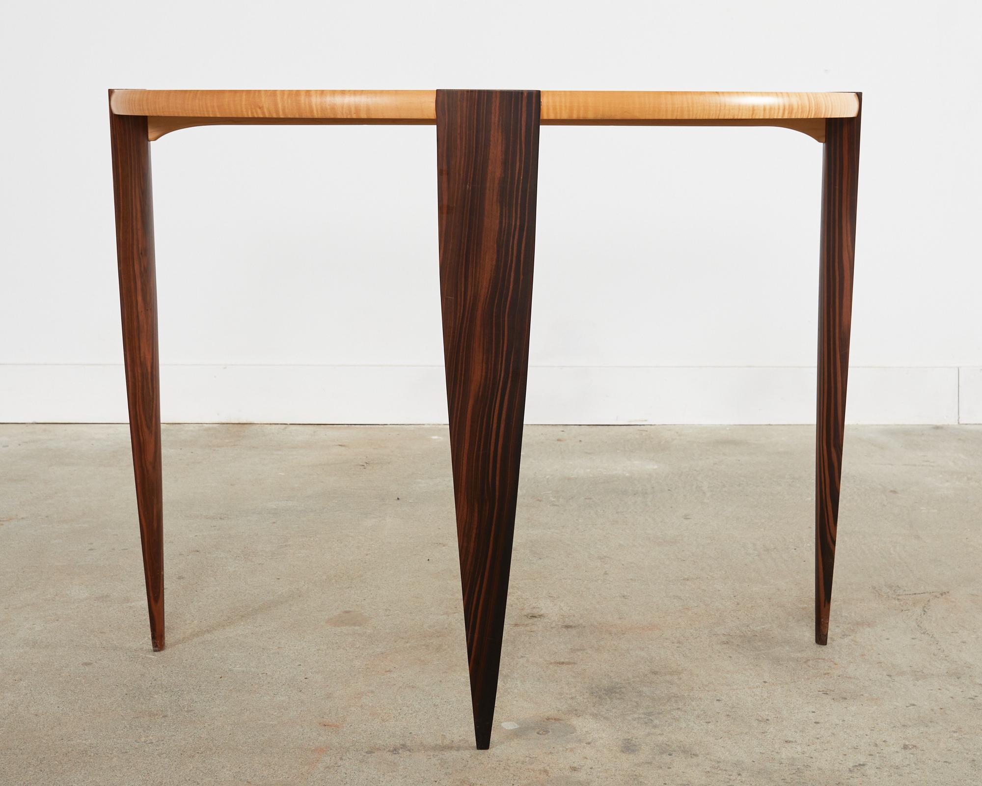 Pair of Post Modern Ebony and Birch Demilune Console Tables For Sale 3