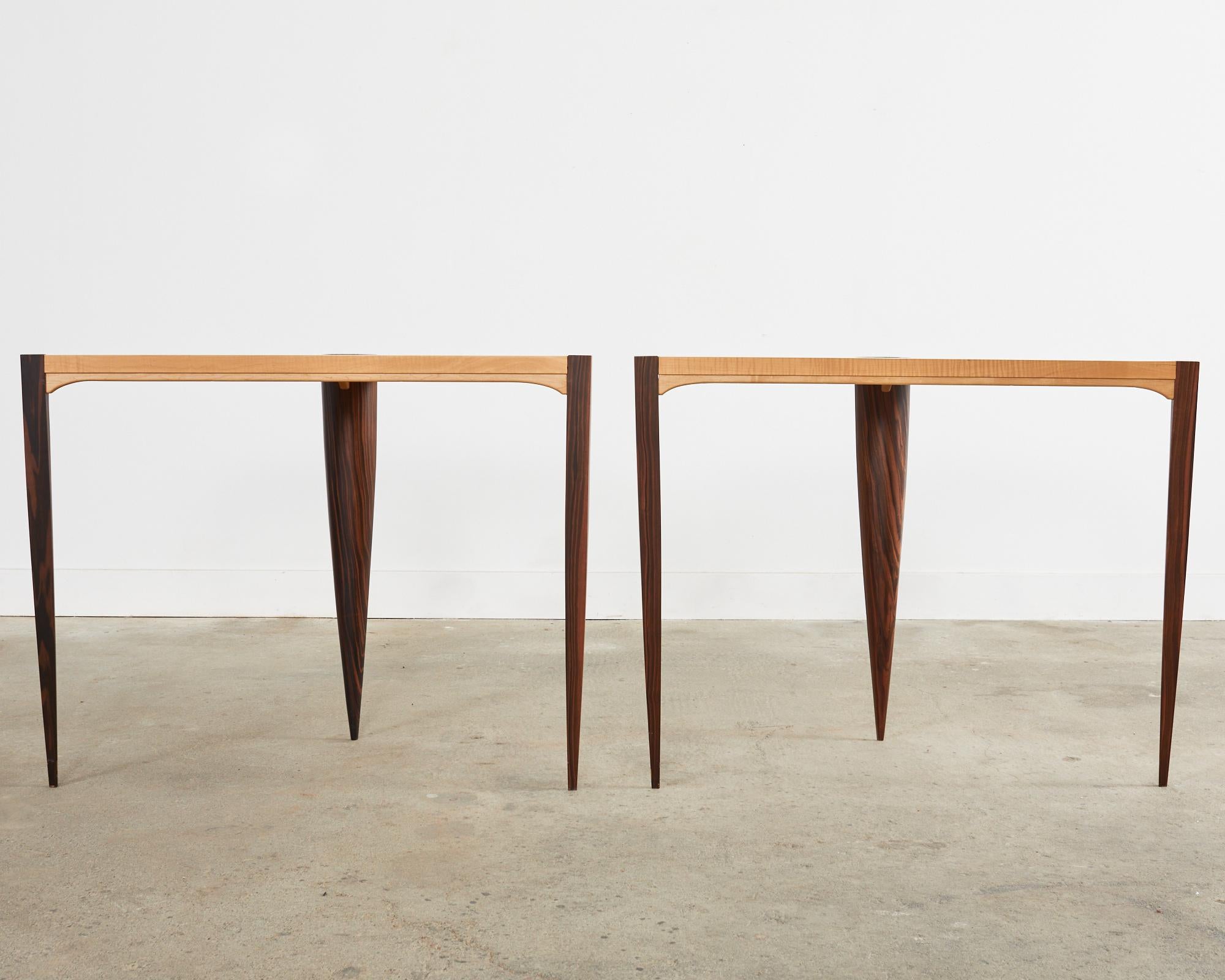 Pair of Post Modern Ebony and Birch Demilune Console Tables For Sale 13
