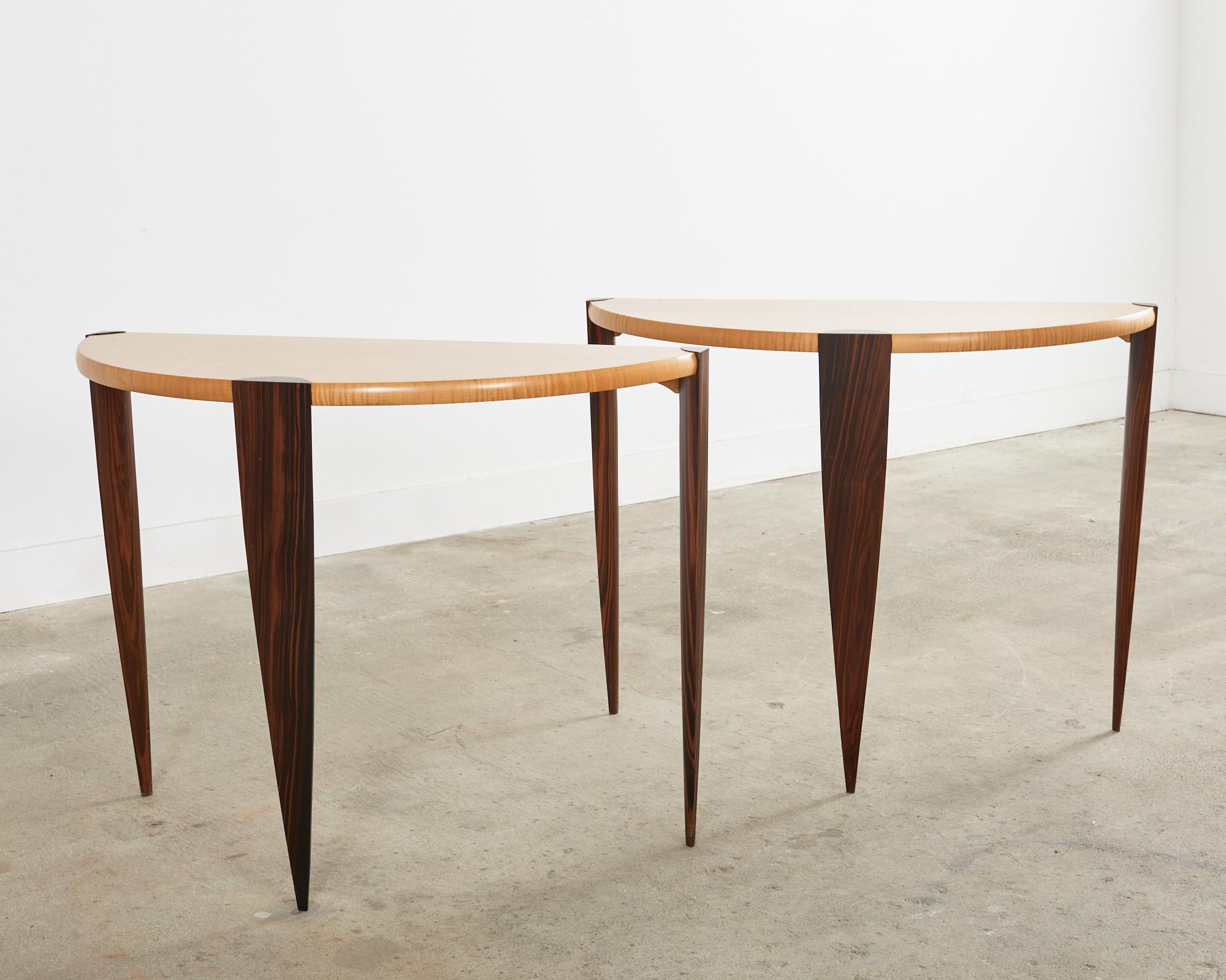 Post-Modern Pair of Post Modern Ebony and Birch Demilune Console Tables For Sale