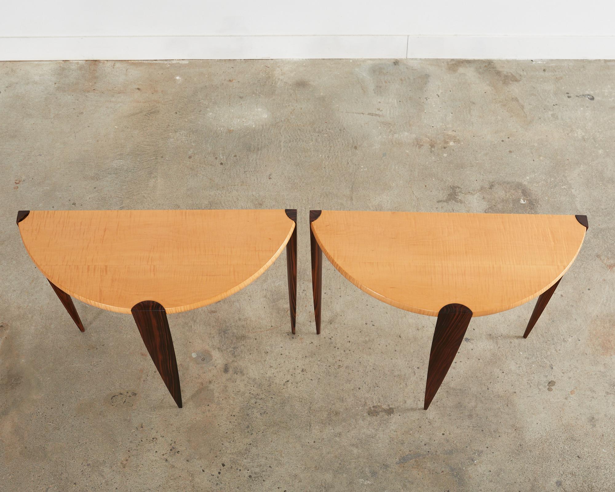 American Pair of Post Modern Ebony and Birch Demilune Console Tables For Sale