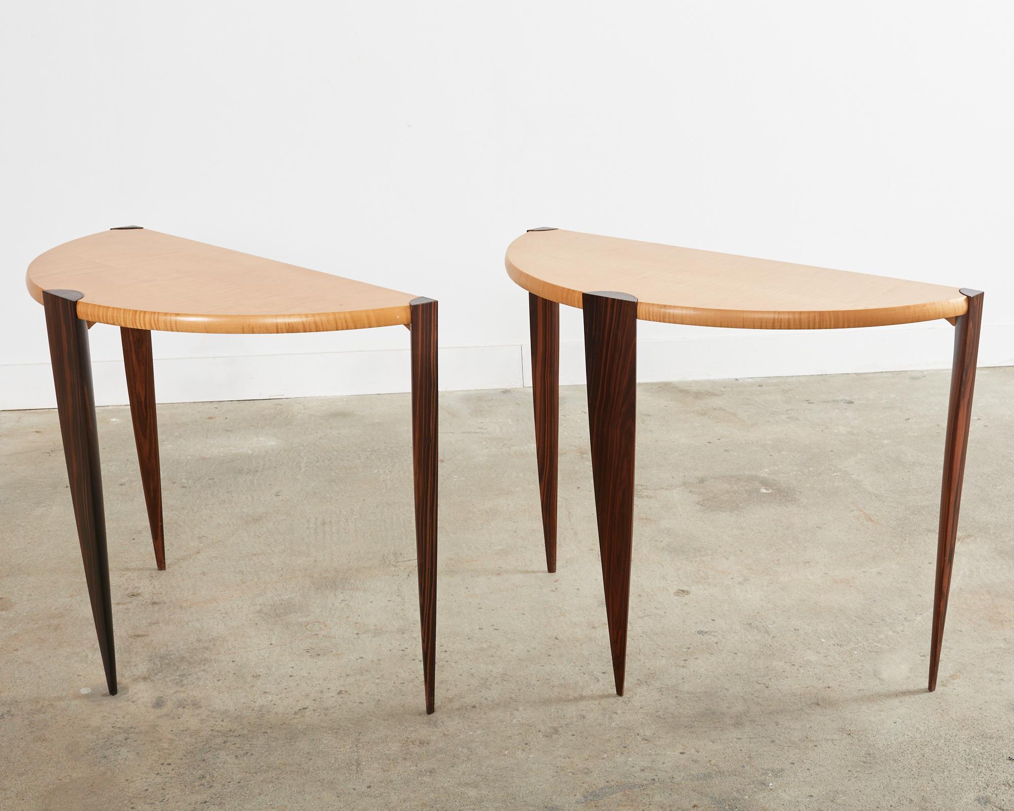 Hand-Crafted Pair of Post Modern Ebony and Birch Demilune Console Tables For Sale