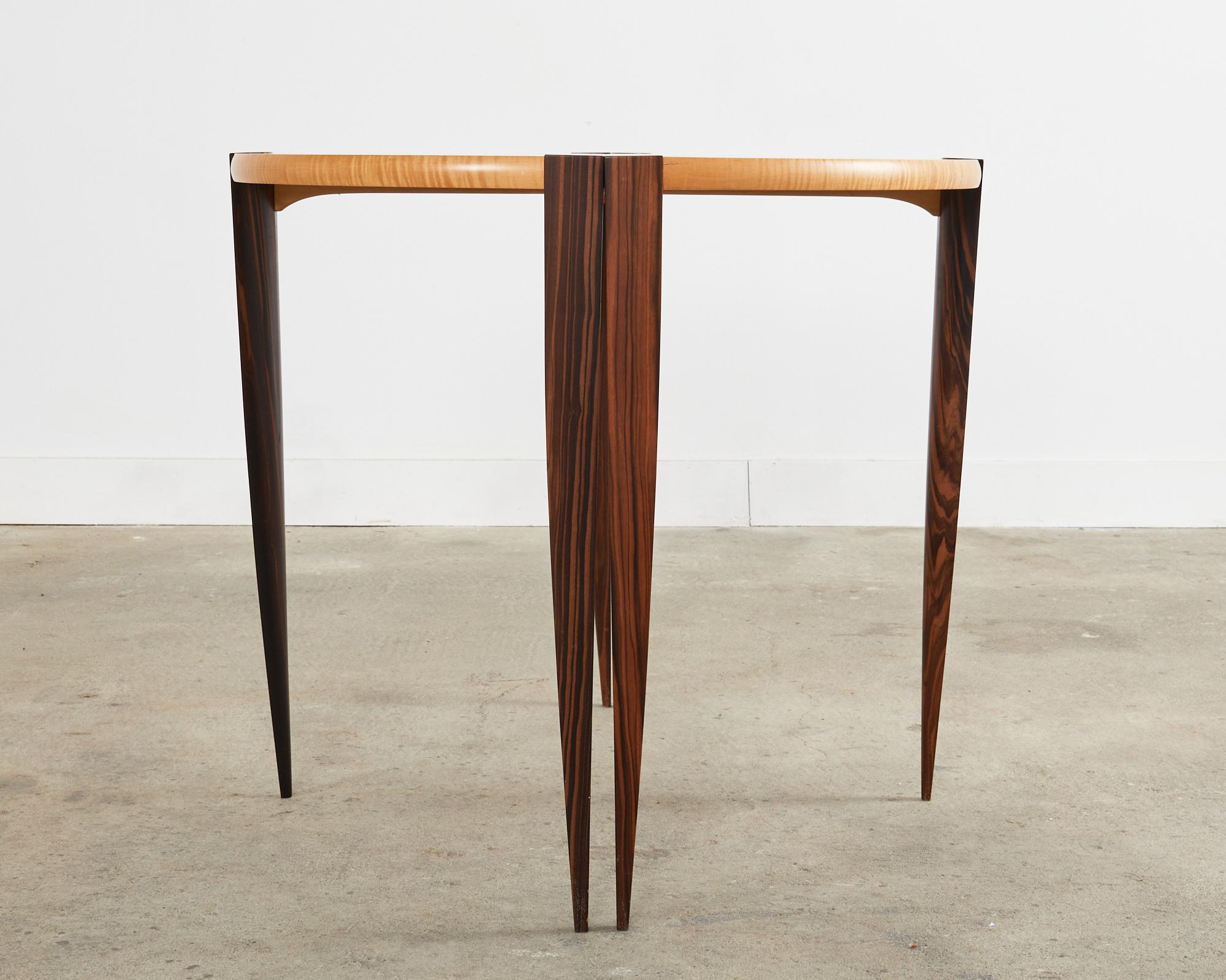 Pair of Post Modern Ebony and Birch Demilune Console Tables For Sale 1