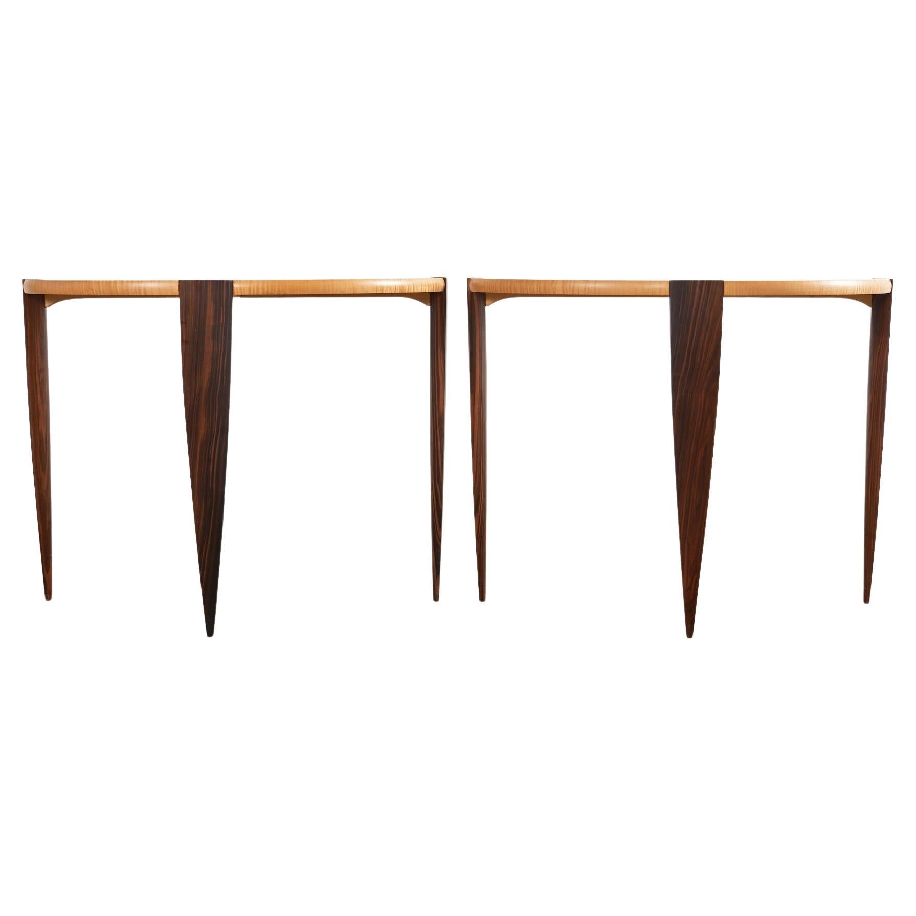 Pair of Post Modern Ebony and Birch Demilune Console Tables For Sale