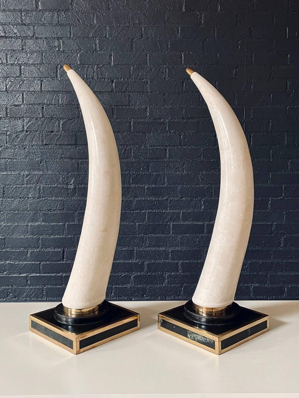 Pair of Post Modern Faux Tusks on Tessellated Marble & Brass Bases (Postmoderne) im Angebot