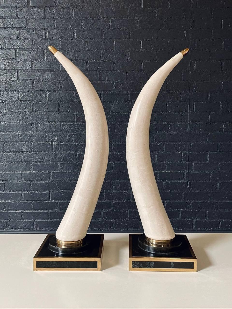 Pair of Post Modern Faux Tusks on Tessellated Marble & Brass Bases (amerikanisch) im Angebot