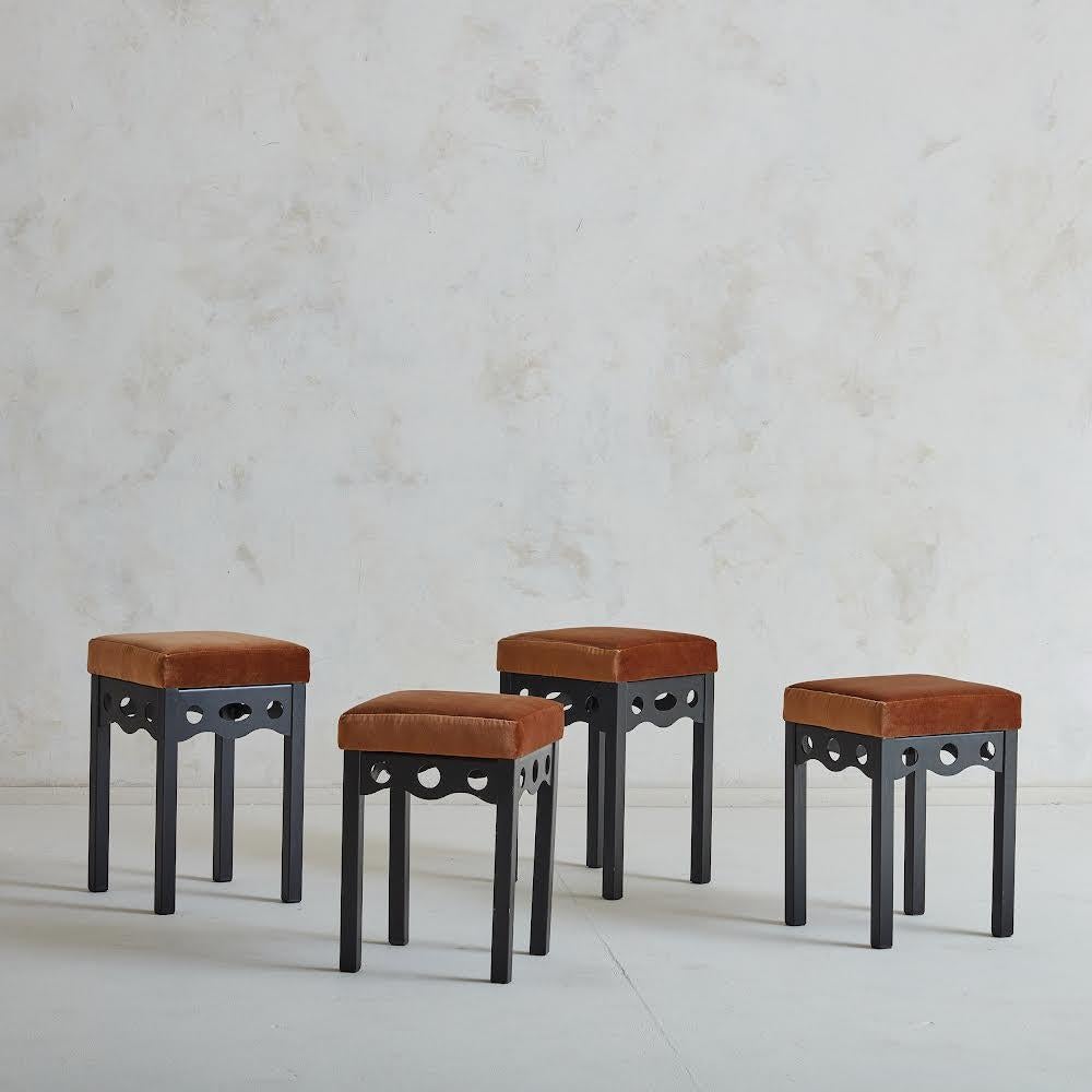 Sourced in the South of France, we were immediately drawn to the charming metal frames of these vintage stools. Sculptural with some parallels to post modern design, at 17.5”H these would function well as additional seating in a living area, at the