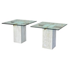 Pair of Post Modern Glass Top Side Tables with Travertine Bases
